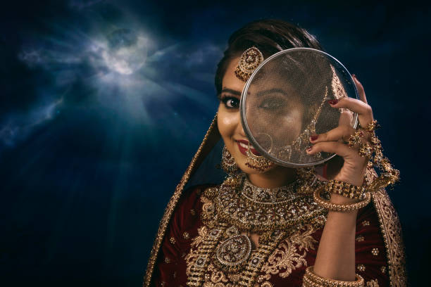 Young Indian woman in bridal wear, jewelry and make-up. Woman with bridal expressions